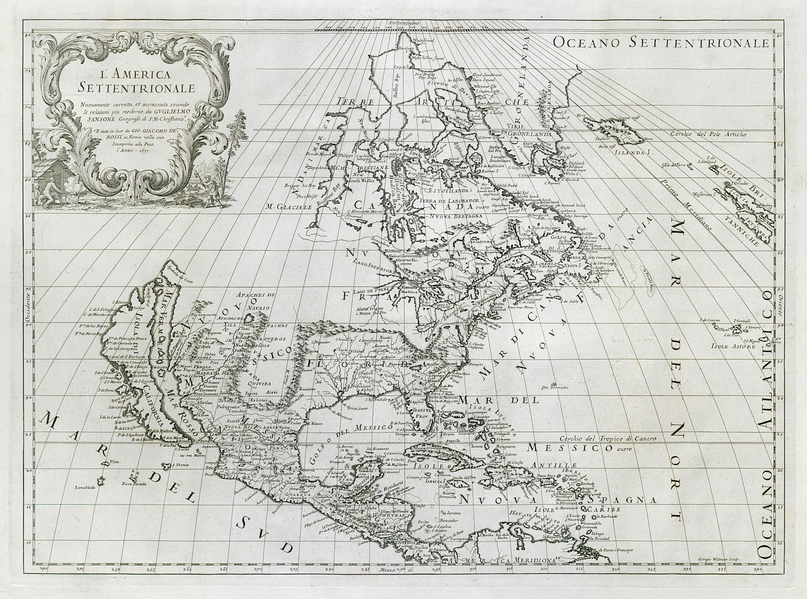 L'America Settentrionale. North America Insular California ROSSI/SANSON 1677 map